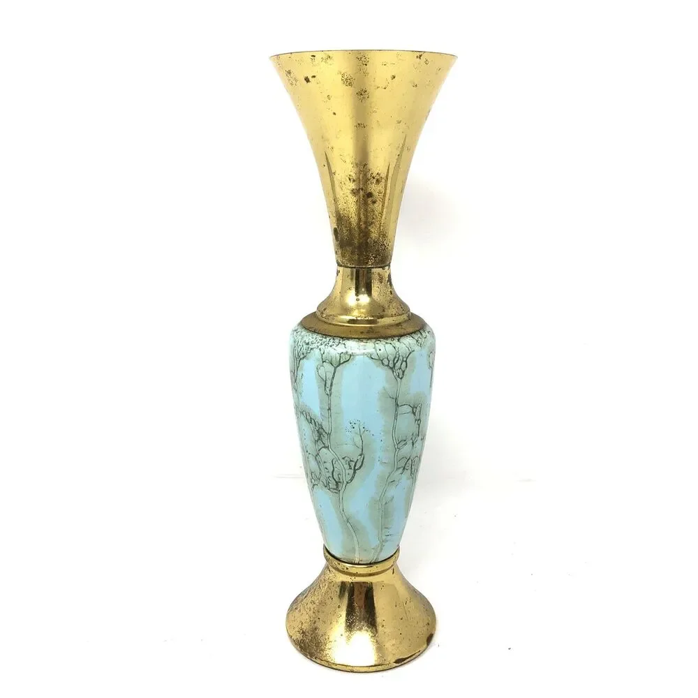 Delft Holland Brass & Marbled Aqua Hand Painted Bud Vase VTG MCM Euro Modern